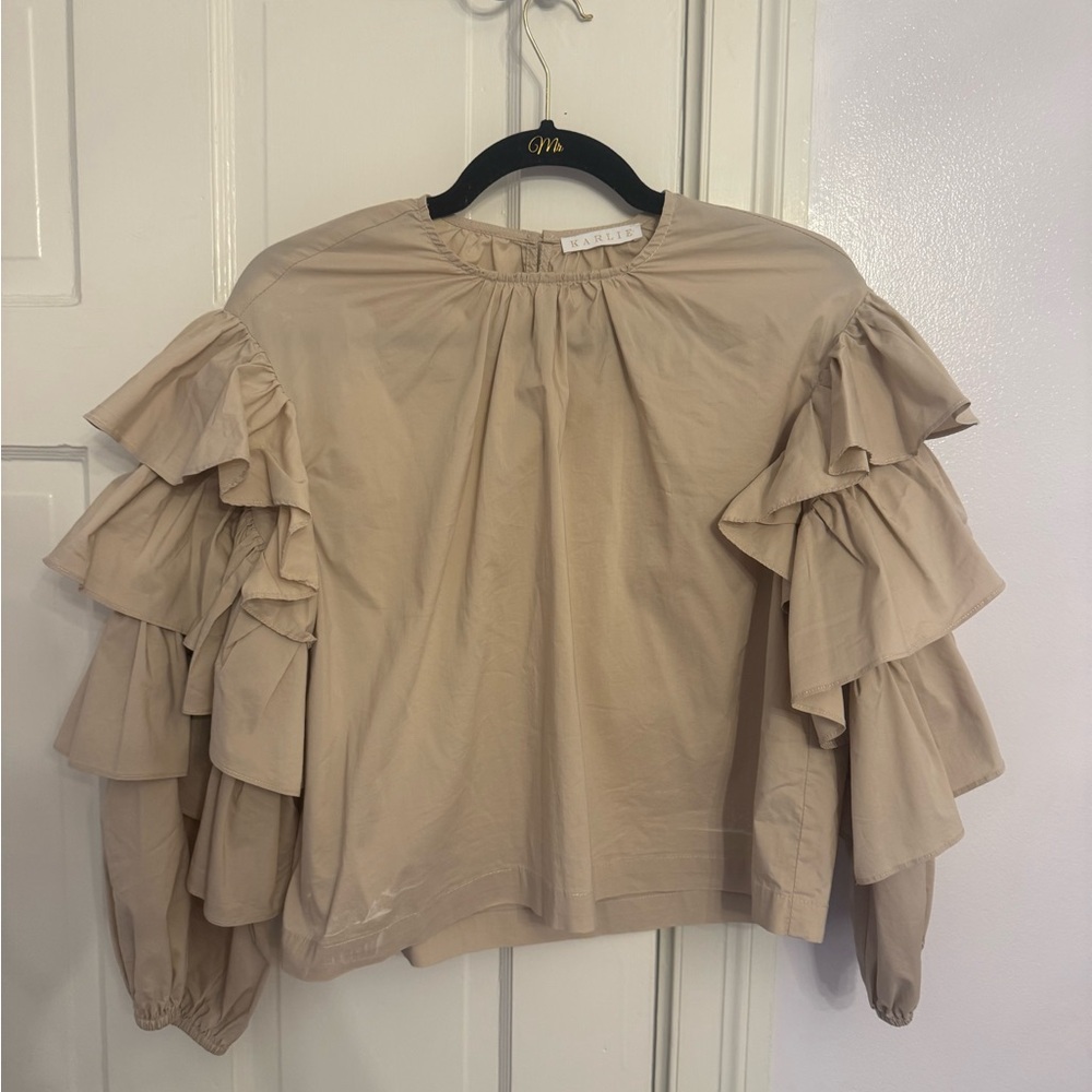 Karlie Beige Ruffle Sleeve Blouse